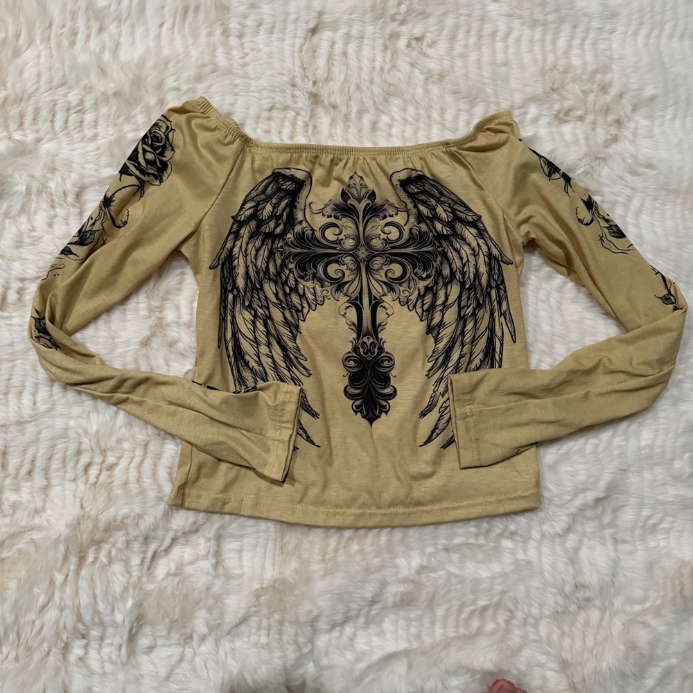 Off-Shoulder Long Sleeve Top with Wing & Cross